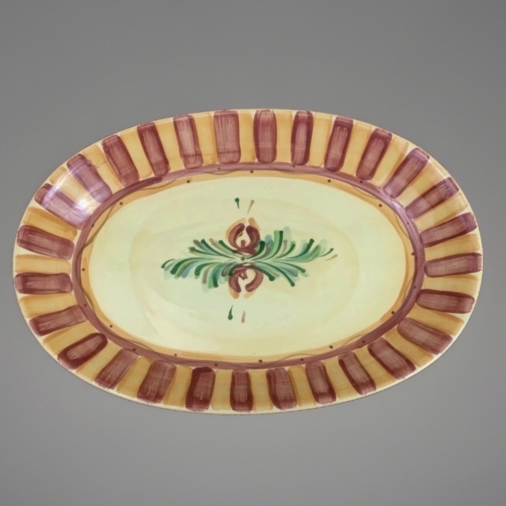 Gail Pittman Hand Painted Ceramic Oval Serving Platter Floral Striped Burgundy